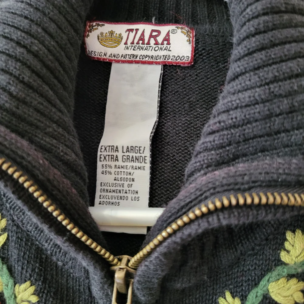 Navy Zip-Front Cardigan with Red Floral Embroidery - Picture 2 of 3